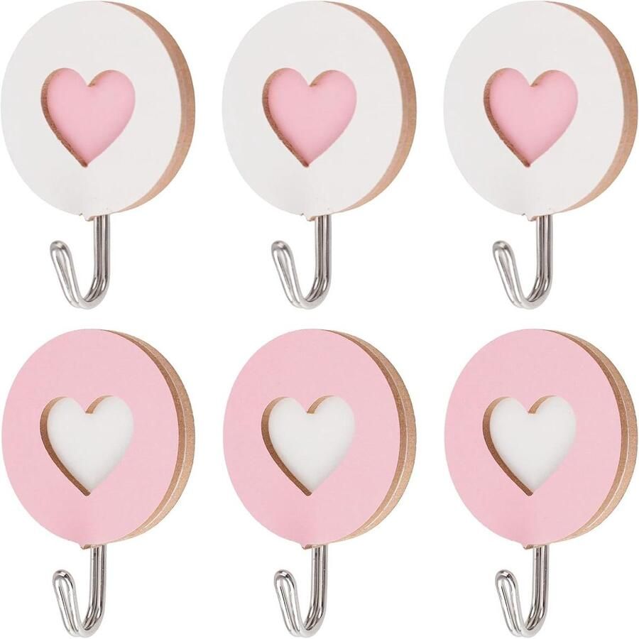 Allecto Premium Houten dubbele hartvormige zelfklevende haken 5 stuks roze sleutelhouder kapstokhaak thuiskantoor hotel wanddecoratie sterke zuighaken