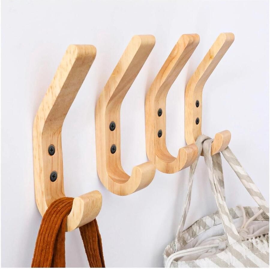 Allecto Premium Houten garderobehaken 4 stuks 155mm J-type eiken handdoekwandhaken