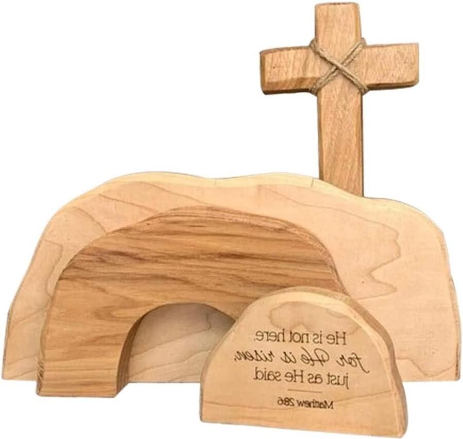 Allecto Premium Houten Paasscène Decoratie set voor Tafel Jezus en Opstandingsscène Christelijke Thuis Decoratie met Decoratieve Ornamenten voor Pasen Tafeldecoratie Houten Ornamenten Opstandingsscène