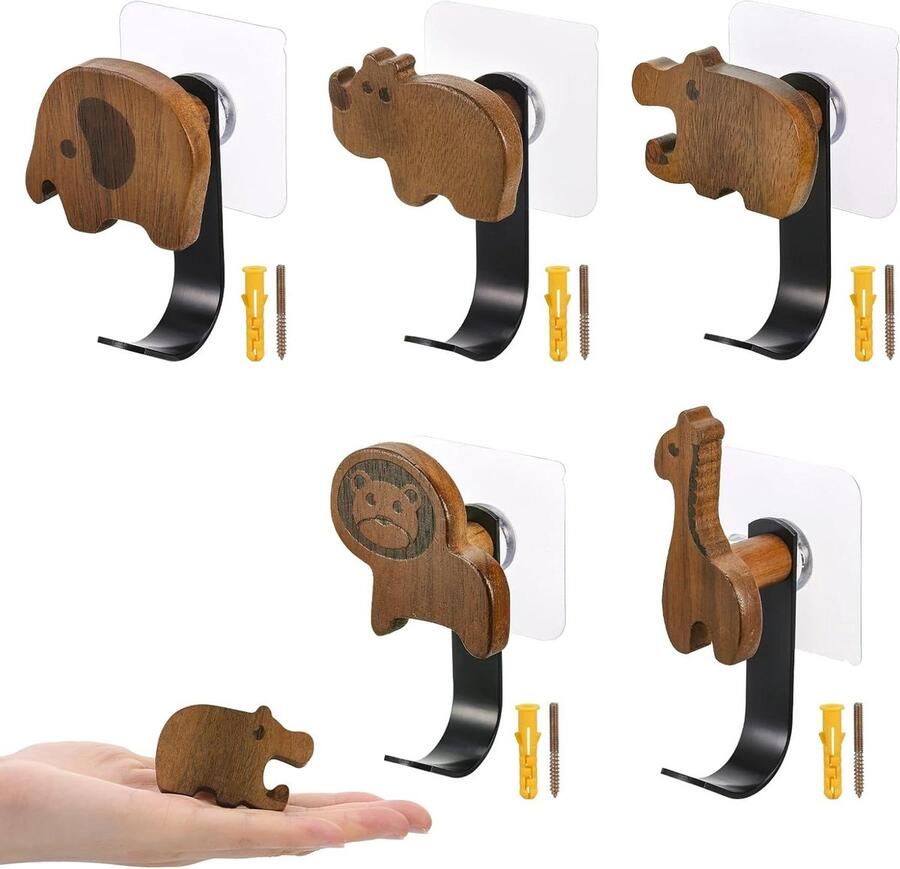 Allecto Premium Kinderkapstok met Dieren 5 stuks Zelfklevend of Voor Boren Dieren Thema Wandkapstok voor Kinderen met Leeuw Olifant Nijlpaard Giraf en Neushoorn Houten Kapstokken met Muurdecoratie
