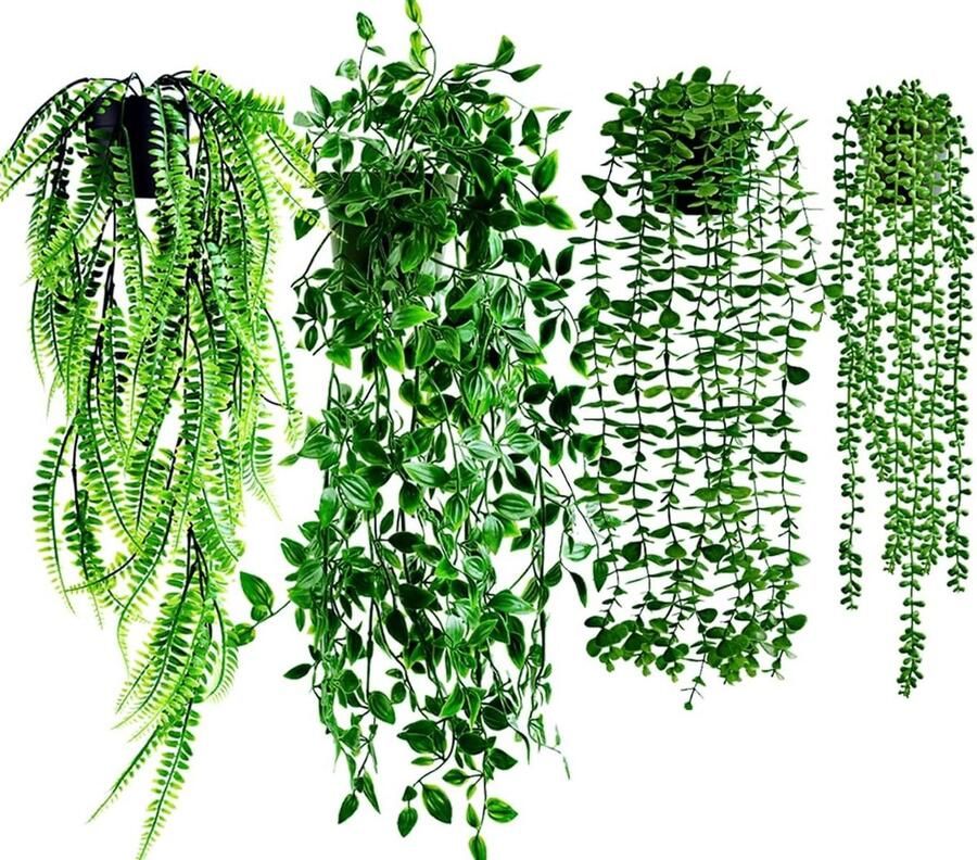 Allecto Premium Kunstplanten Set van 4 Nepplanten met hangpotten Eucalyptuswijnstokken Boston-varen Mandala wijnstokken Parelsnoer Voor thuis kamer wandplank badkamer kantoor Binnen