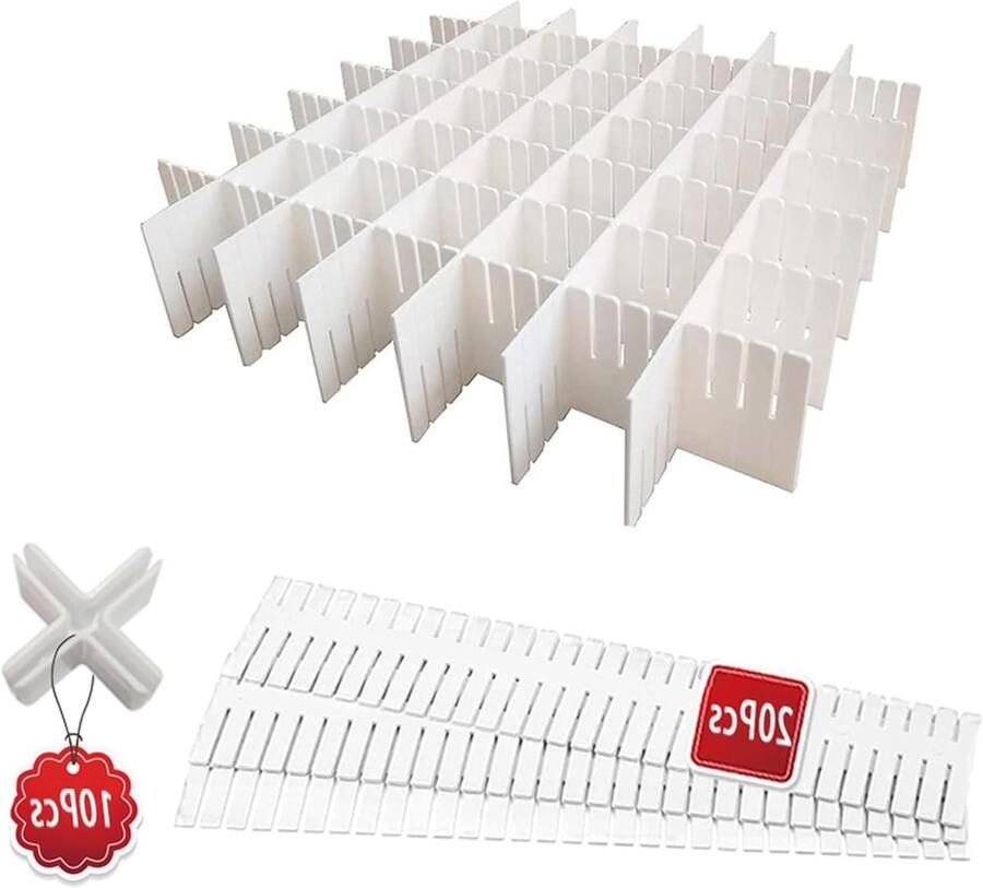 Allecto Premium Lades Organisatiesysteem met 20 Verstelbare Plastic Ladeverdelers voor Kast Ondergoed Sokken Inclusief 10 Kruisgespen Blauw