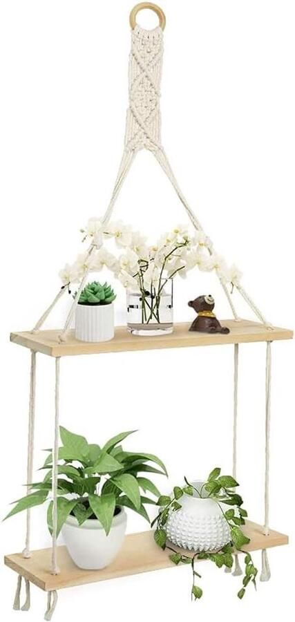 Allecto Premium Macrame muur opknoping plank met 2 lagen voor planten en foto's Rustiek huisdecor met katoenen touw Weefsel- en handdoek opslag Organiser voor ruimtes