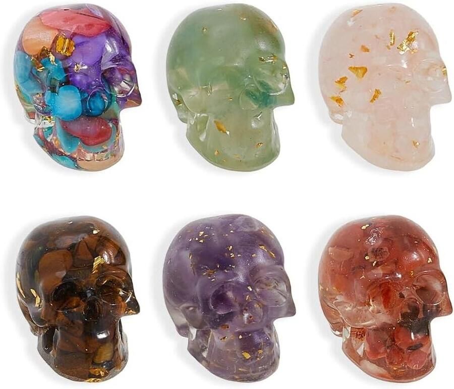 Allecto Premium Mini Doodskop Decoratie Set van 6 Verschillende Stijlen voor Halloween Thema Tafel Decoratie Hars Skeletkoppen in Kleuren