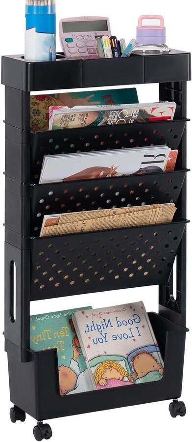 Allecto Premium Mobiele boekenplank op wielen met 5 niveaus voor boekenopslag rollende boekenkast voor woon- en slaapkamer compact ontwerp