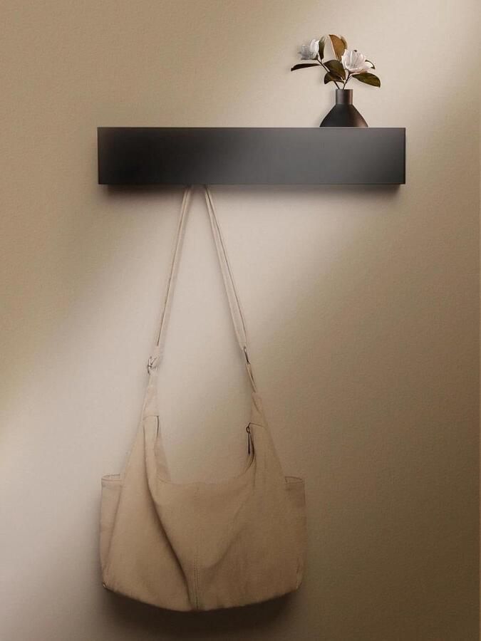 Allecto Premium Moderne wandgarderobe met plank en verborgen haken in zwart hout en metaal voor hal slaapkamer en woonkamer