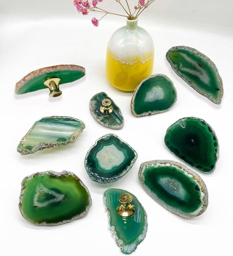 Allecto Premium Natuurlijke Groene Agaat Knoppen Geode Steen Knoppen voor Kasten Agaat Deurknoppen voor Meubels DIY met Schroeven (Groen)