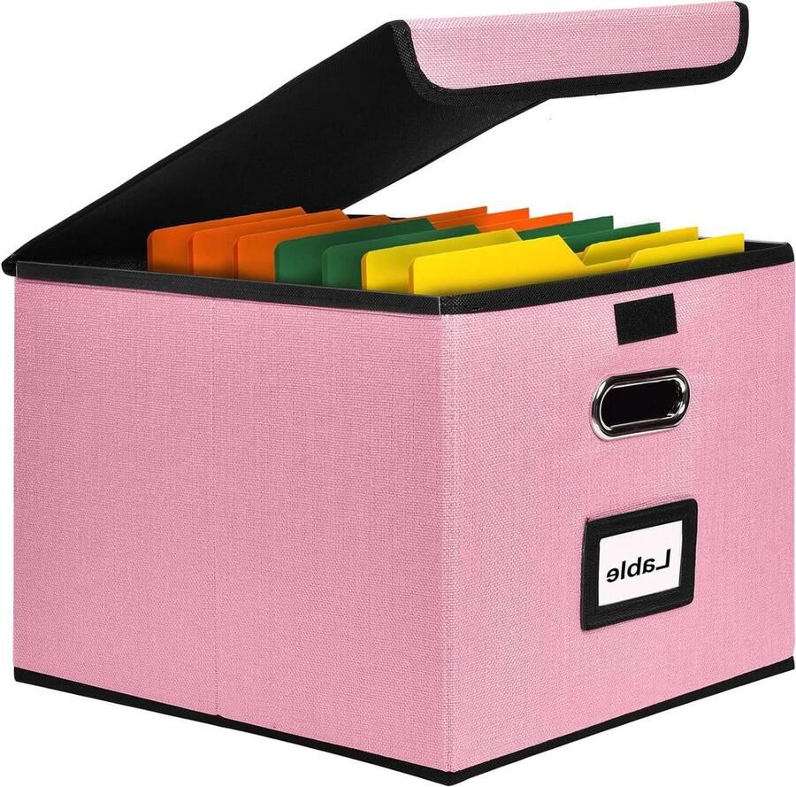 Allecto Premium Opbergdozen met deksel van vezelplaat en papier in linnenlook Voor thuis en kantoor opbergen Geschikt voor bestanden en speelgoed Roze 1 stuk