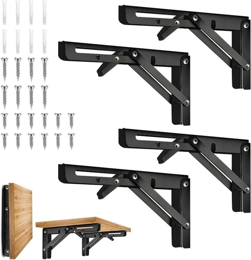 Allecto Premium Pack van 4 Wand Klaptafelhouders RVS Opklapbare Consoles Muurbevestigde Zwevende Tafelhouders Zware Belastingsplankbeugel Plankhouder Hoeksteun DIY Houder Zwart Draagvermogen: 60 kg