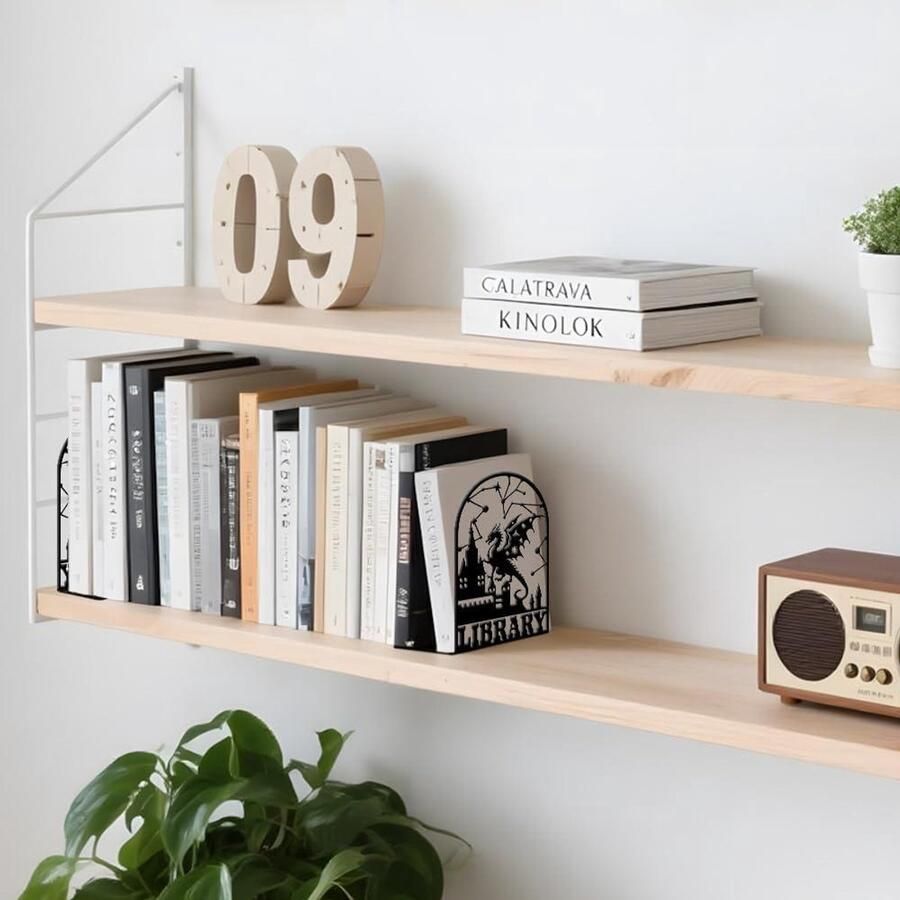 Allecto Premium Robuuste metalen decoratieve boekensteunen in zwart drakenslot. Perfect voor bureau thuis en school. Stijlvolle boekenplankhouder