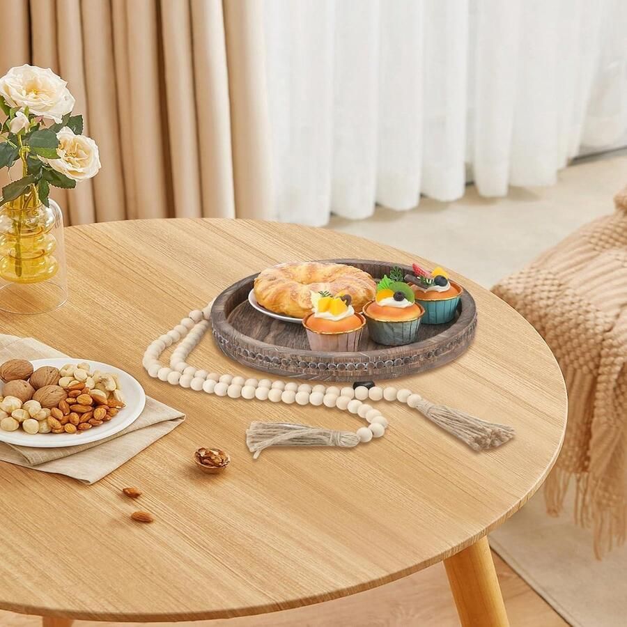Allecto Premium Rond houten dienblad met kralen slinger voor woondecoratie en salontafel Bruin houten decoratief dienblad voor keuken woonkamer eettafel