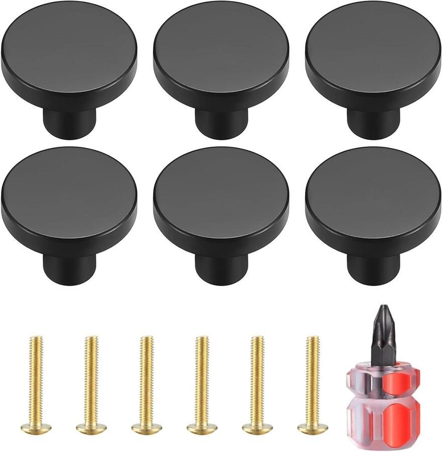 Allecto Premium Ronde messing kastknoppen met één gat en schroeven voor kledingkast Set van 6 stuks Zwart Inclusief schroevendraaier