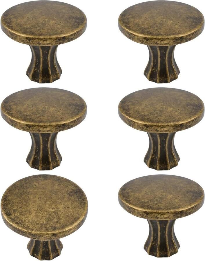 Allecto Premium Ronde Paddestoel Ladeknoppen Set van 6 Messing Zinklegering Voor Kasten en Meubels Inclusief Schroeven