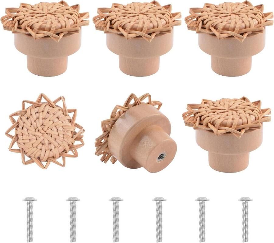 Allecto Premium Rotan dressoir knoppen zonnebloem vorm 6 stuks handgemaakt geweven ladeknoppen