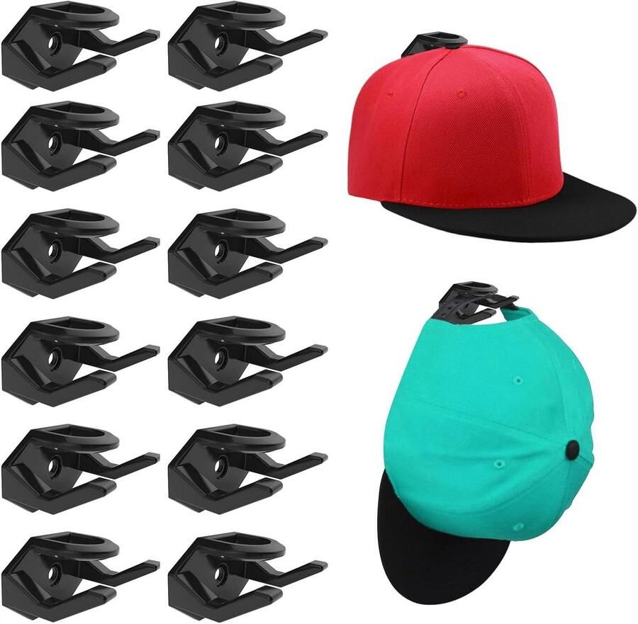 Allecto Premium Set van 12 zelfklevende hoedenhaken Hoedenhouder voor honkbalpetten en klikdoppen Wandgemonteerde hoedenhanger met minimalistisch design Handige opbergoplossing