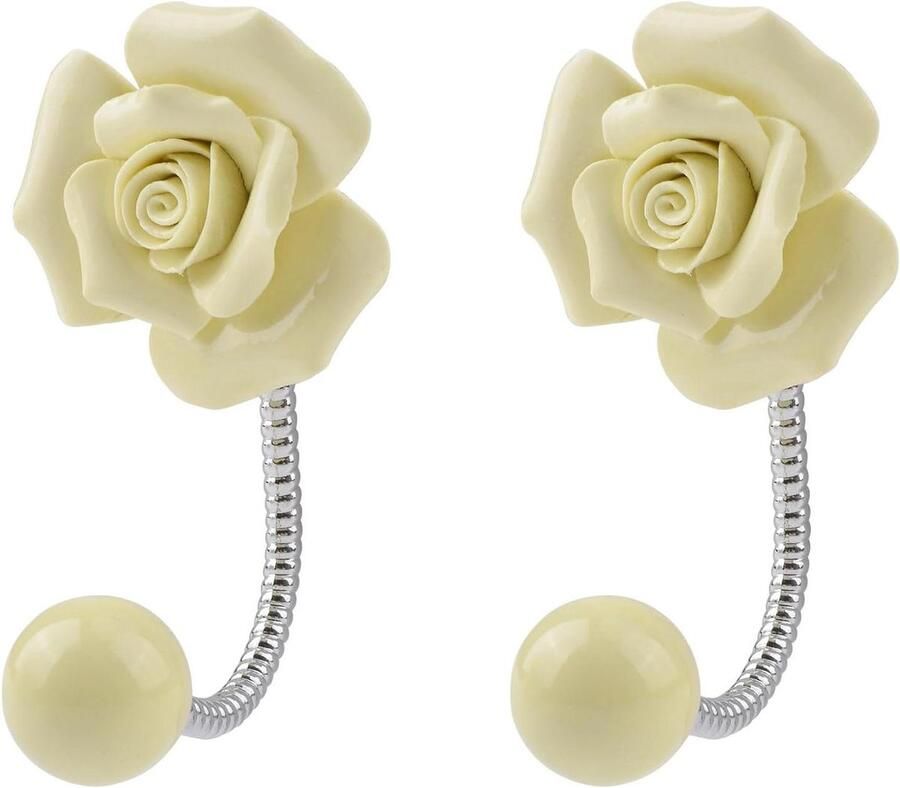 Allecto Premium Set van 2 lichtgele bloem haakjes voor muurdecoratie met 3D roosvorm en chroom Decoratieve kapstokhaak voor sjaals tassen en handdoeken