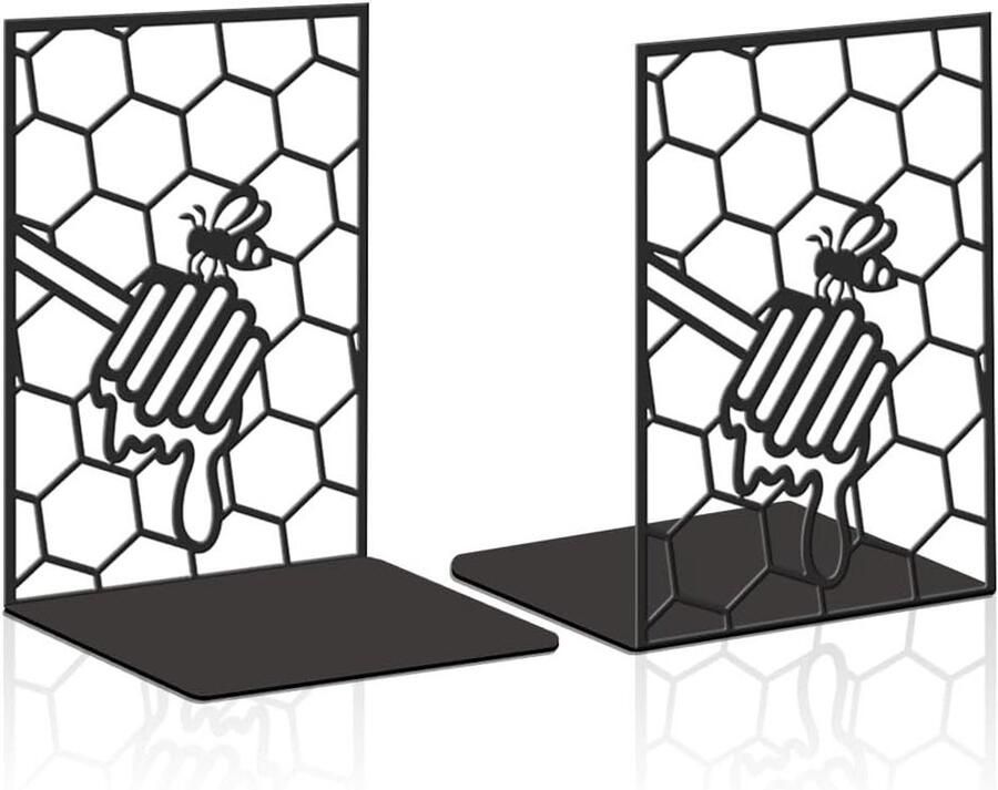 Allecto Premium Set van 2 metalen boekensteunen in zwart met honingraat en bijen design voor decoratie op bureau kantoor thuis of op school