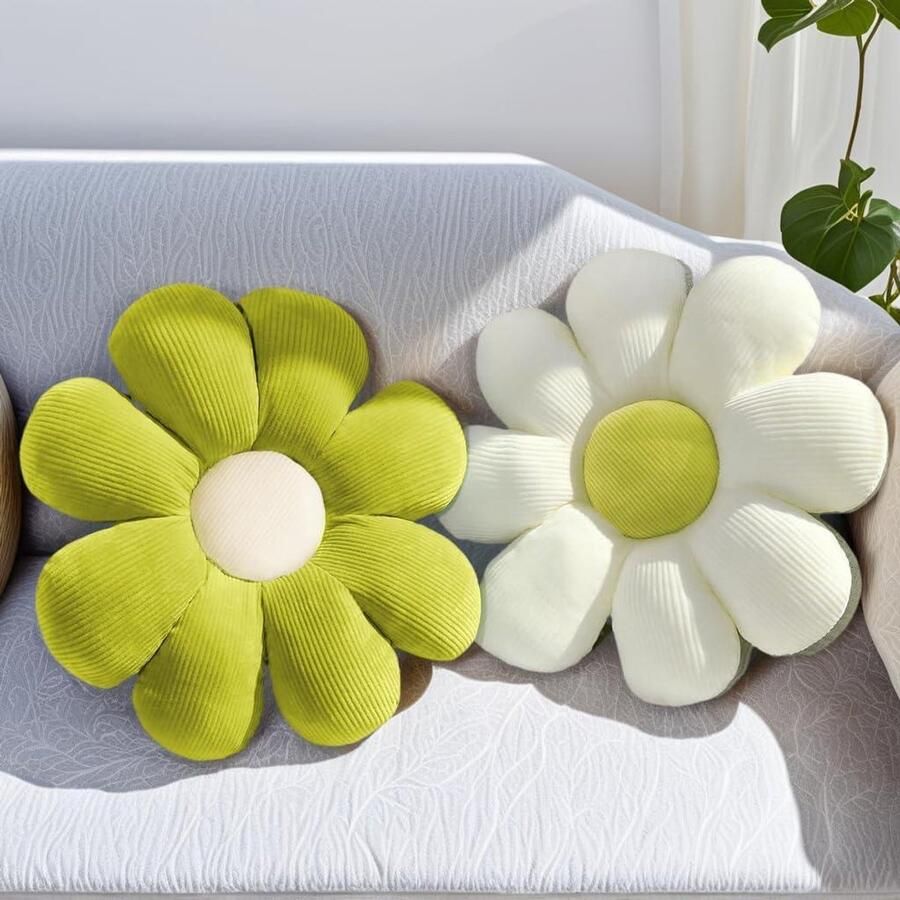 Allecto Premium Set van 2 Schattige Bloemkussens voor Meisjeskamer Groen en Wit Vloerkussens 38 cm Decoratie voor Sofa en Stoel Esthetische Kamer