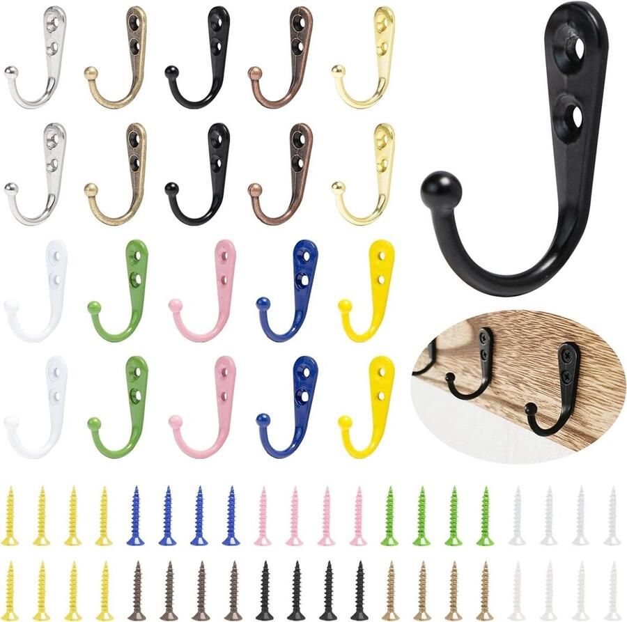 Allecto Premium Set van 20 vintage enkele kledinghaken wandhaken met metalen schroeven ideaal voor mantels badkamer en garderobe