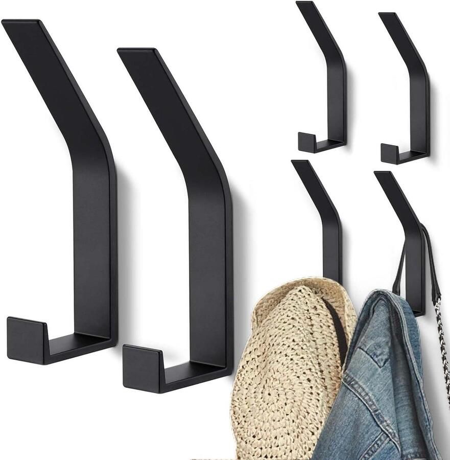 Allecto Premium Set van 6 Zwarte Kledinghaken Wandmontage Modern Design Kleding Handdoeken Tassen Gemakkelijk te Installeren 75 karakters