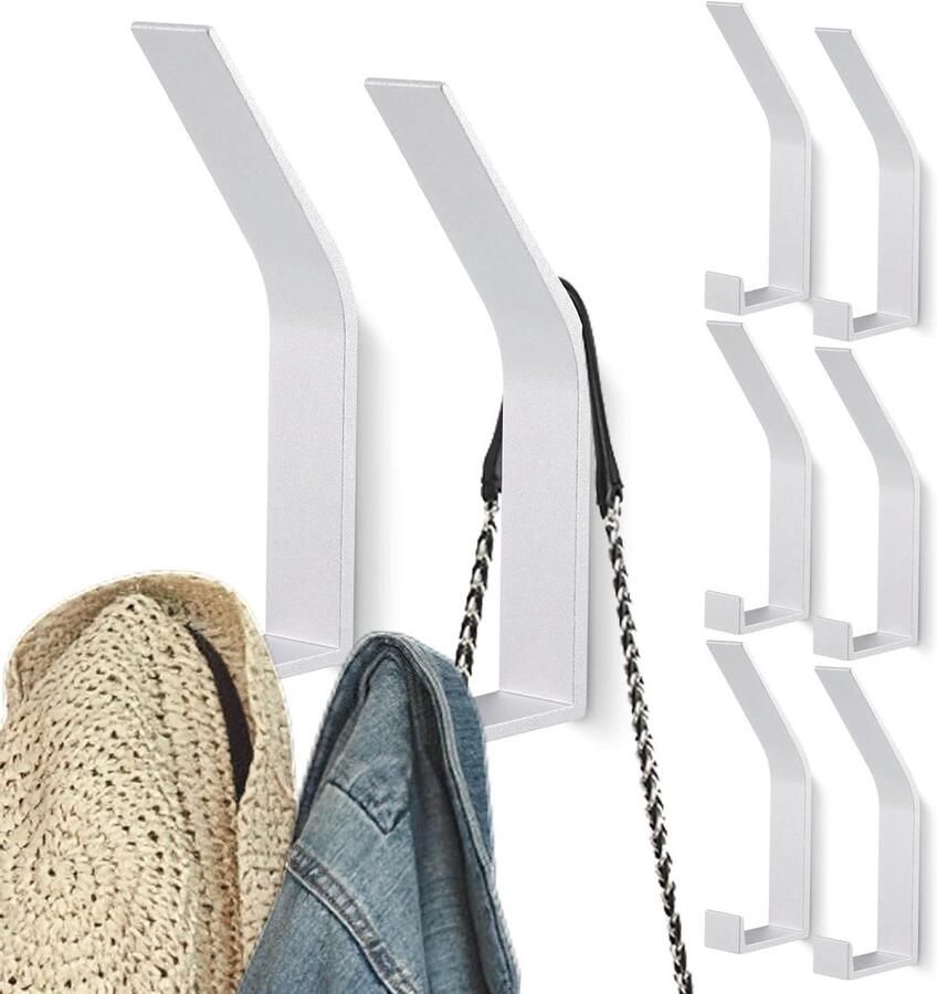 Allecto Premium Set van 8 Kledinghaken voor aan de Muur Modern en Onzichtbaar Jas Sjaal Handtas Houder in Zilverkleurig Kledinghaak voor Garderobe Eenvoudig te Installeren