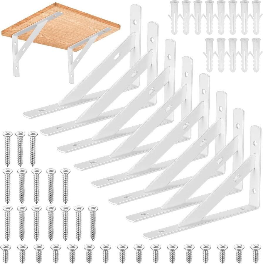 Allecto Premium Stevige driehoekige plankbeugels voor wandmontage Wit Ideaal voor woonkamer en slaapkamer Set van 8 150 x 95 mm