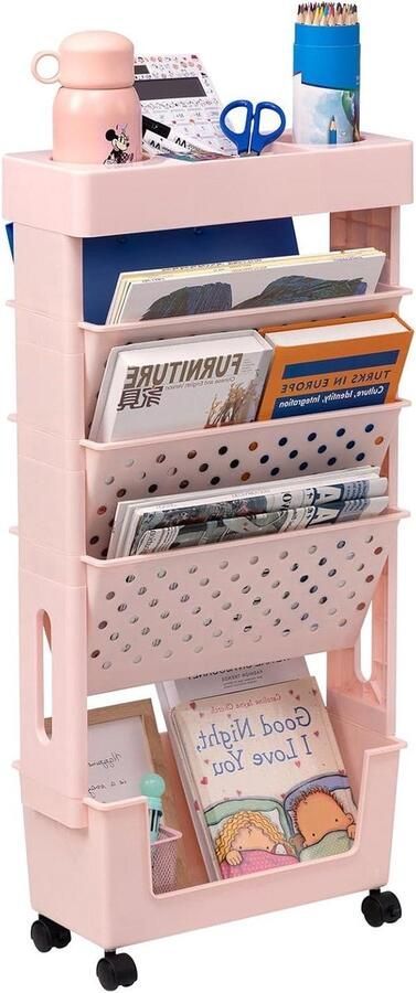 Allecto Premium Verrijdbare boekenplank opbergtrolley met wielen 5-laags Verplaatsbare boekenkast voor woonkamer slaapkamer en kantoor Boekenplank met wielen