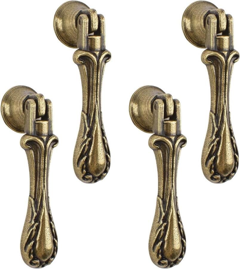 Allecto Premium Vintage hanger met 4 stuks gesneden traanvormige knoppen voor kasten groen brons. Decoratief enkel gat handvat voor kledingkasten lades en deuren