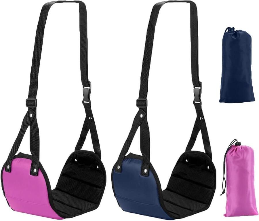 Allecto Premium Vliegtuig voetensteun 2 stuks draagbare reisvoetenbank met draagzak Roze Blauw Kantoor comfort Verstelbare reishangmat