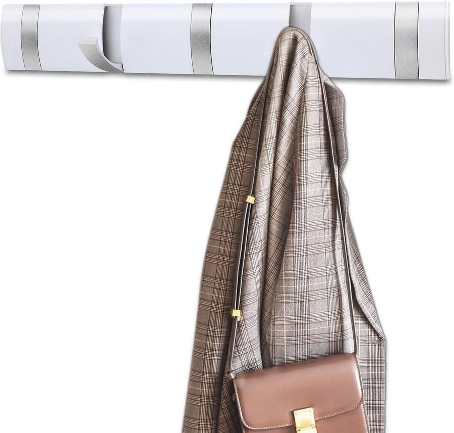 Allecto Premium Wandkapstok Zelfklevend Modern met Uittrekbare Haken Hangtassen Jassen Sjaals Portemonnees Wit 5 Haken