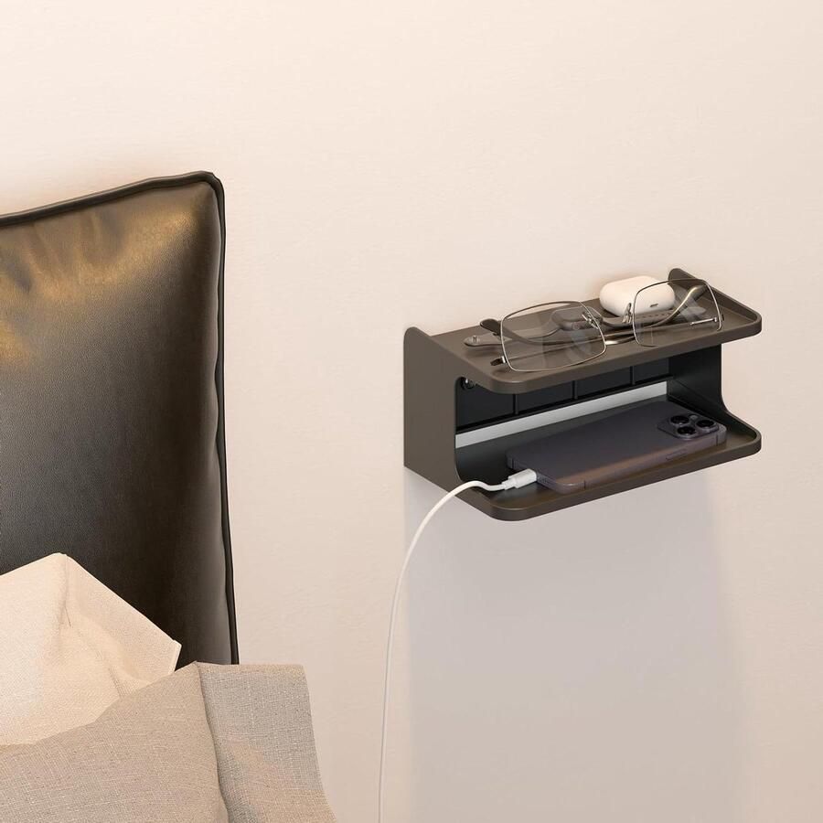 Allecto Premium Wandplank Organizer met 2 Lagen Opbergrek voor Mobiel Bril Sleutels Camera Wekker Slaapkamer Woonkamer Studeerkamer Kantoor Praktische Wandhouder Stijlvol En Ruimtebesparend