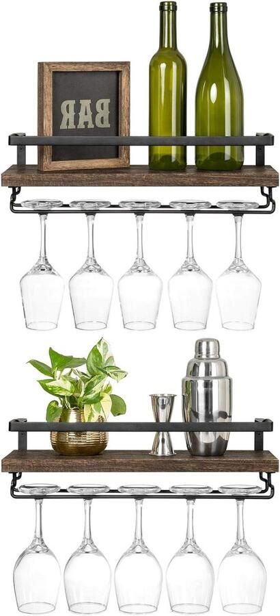 Allecto Premium Wandplanken set van 2 voor wijn en glazen Rustieke houten rekken voor keuken en bar Modern design voor opslag en display van planten en foto's