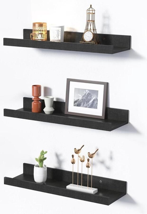 Allecto Premium Wandrek zwart MDF Set van 3 stuks 8MM dikte Opslag en decoratie in één voor woonkamer of kantoor