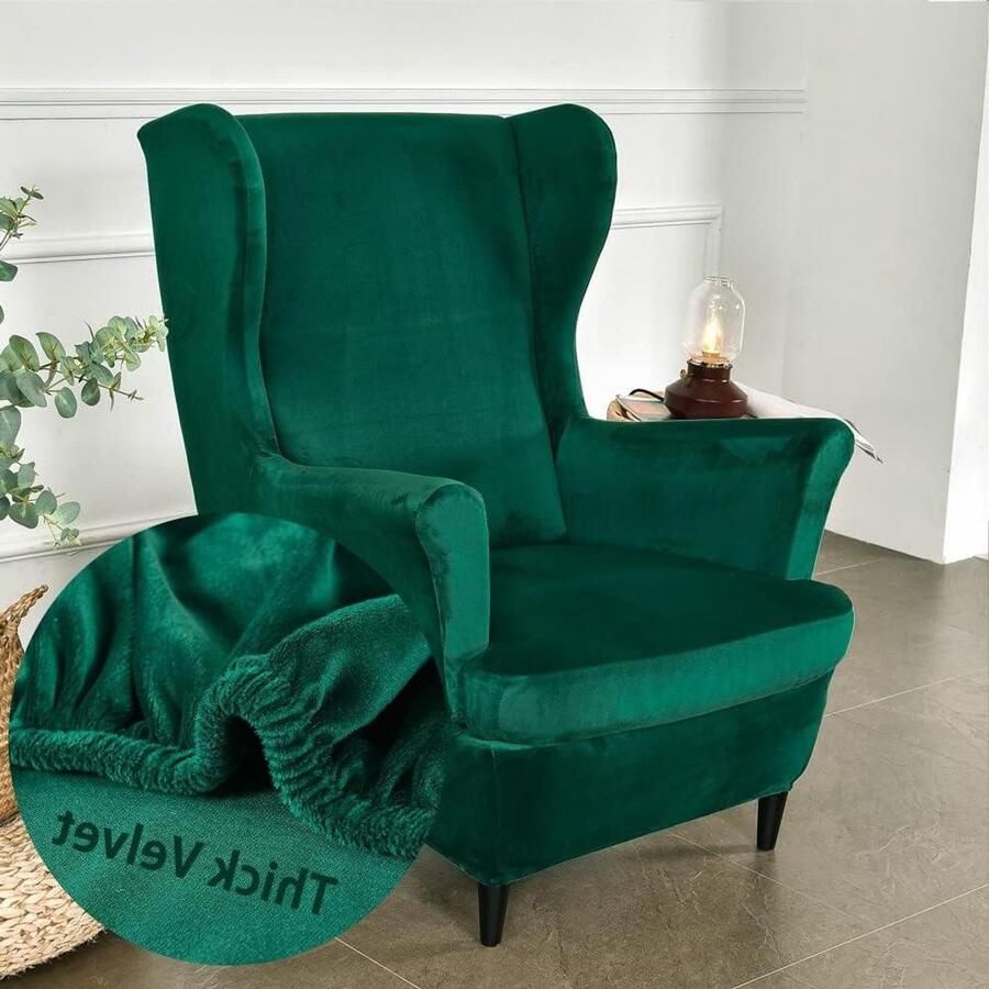 Allecto Premium Wingstoelhoes 2-delig Elastische Wingstoelhoes Fluweel Meubelbeschermer voor Oorfauteuils Donkergroen Woonkamer Slaapkamer Hotel