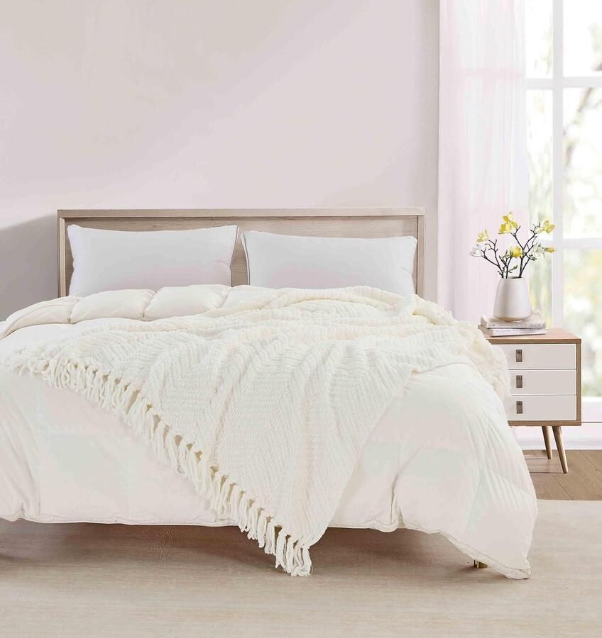 Allecto Premium Zachte Ademende Chenille Plaid 127 x 152 cm Boerderijstijl Textuur Woondecoratie Woonkamer Bank Stoel Bed Boho Stijl Ivoorwit