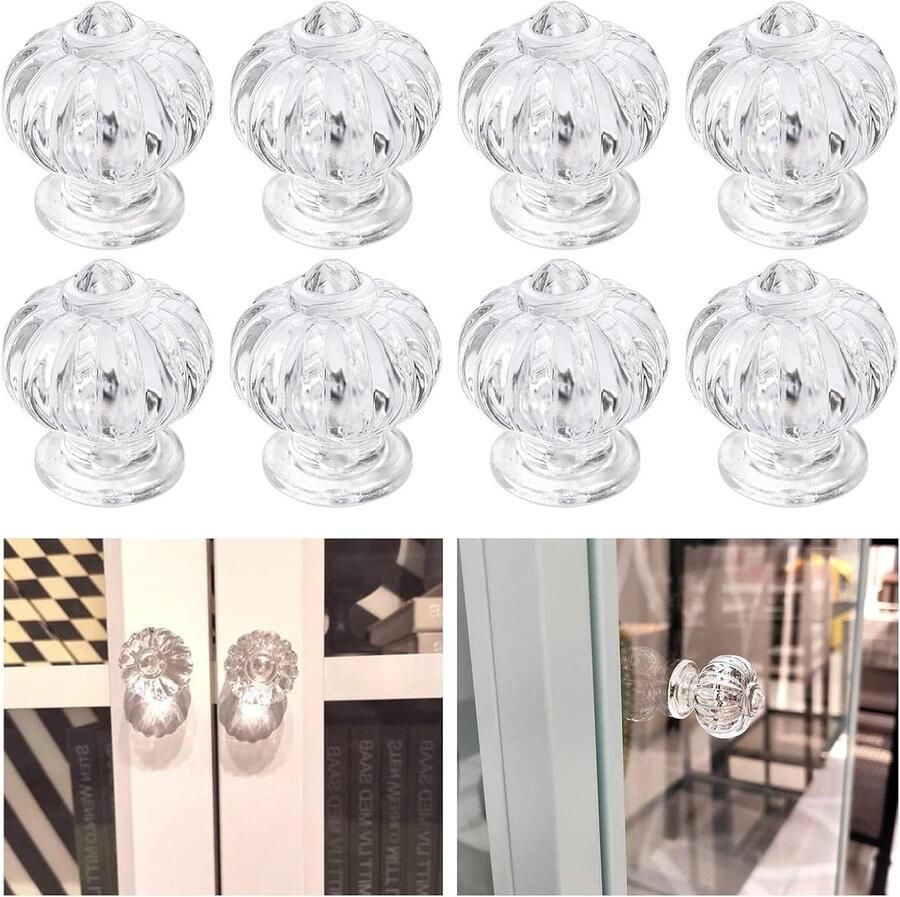 Allecto Premium Zelfklevende kast trekhandvat 8 stuks klassieke acryl knoppen transparante acryl handgrepen zonder boren voor keuken en badkamer spiegeldeuren montagehandleiding inbegrepen