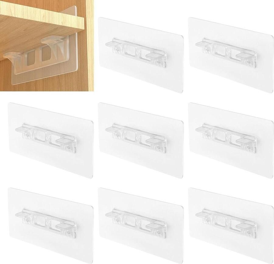 Allecto Premium Zelfklevende Plankhouders Set van 8 Dubbele Rijen Transparant Zonder Boren Glasplanken Kasten Wardrobe Dik Design