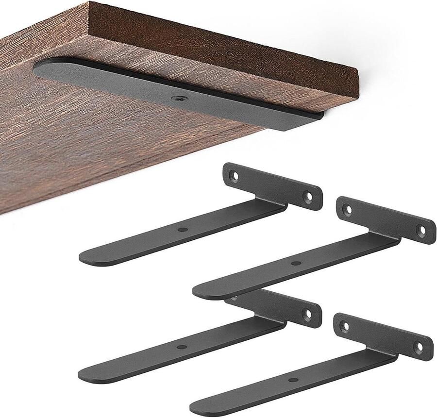 Allecto Premium Zwevende plankbeugels 4 stuks 155 cm metalen L-beugels voor houten planken rustieke rekken Verborgen en zware ijzeren wandplankbeugels
