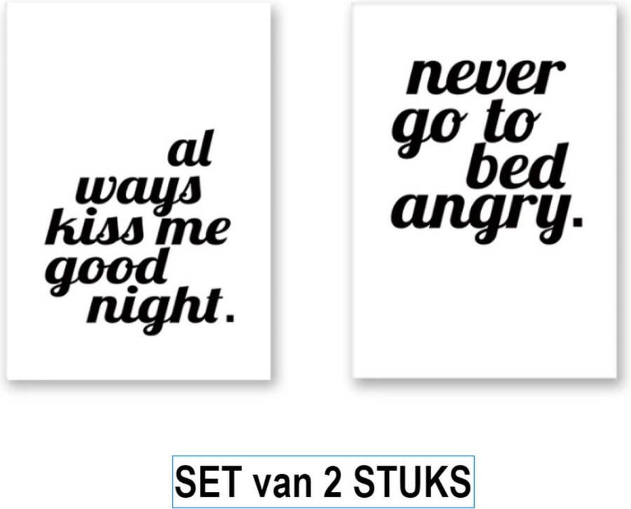 Allernieuwste.nl SET van 2 Canvas Schilderij * Never Go To Bed Angry * PLUS * Always Kiss Me Good Night * Kunst aan je Muur Quotes en Spreuken Minimalisme Zwart-Wit 42 x 30 cm (x 2 SET)