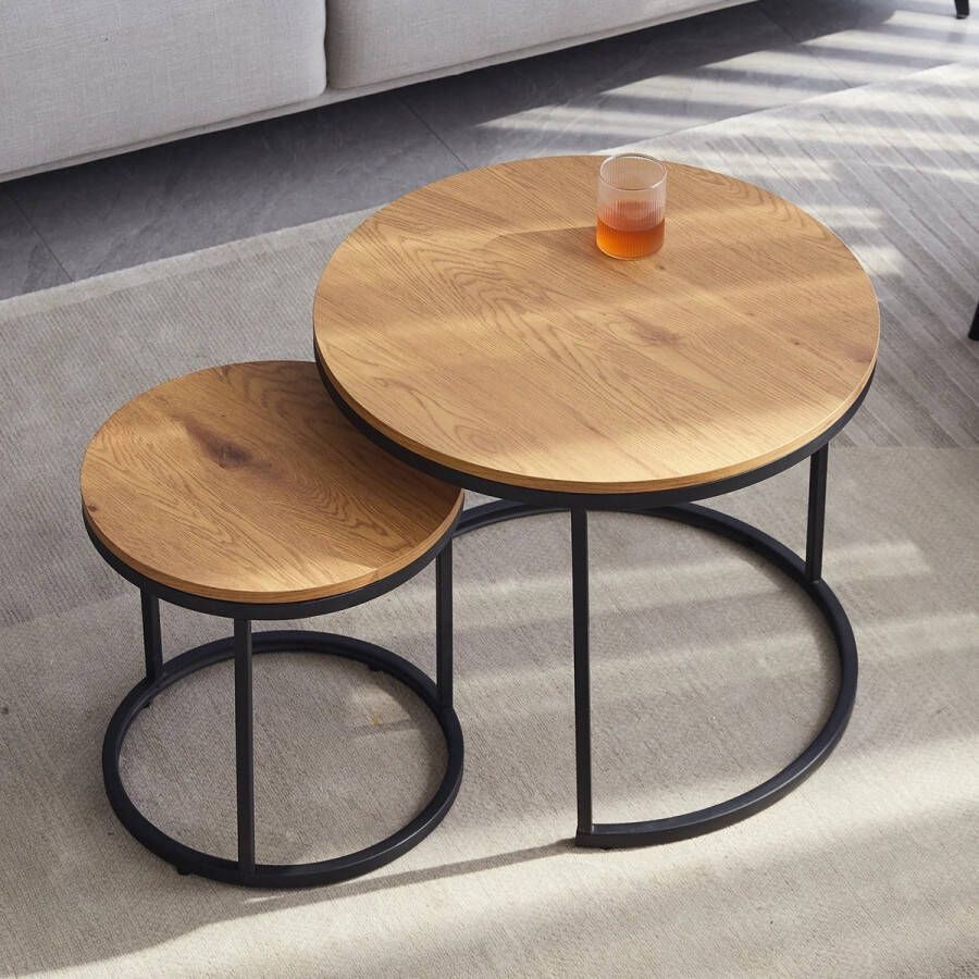 AllinShop Bijzettafel Salontafel Koffietafel Set van 2 Hout Eikenhout Zwart Bruin Rond Metalen Poten -Modern Nordic 60x46CM 40x35CM