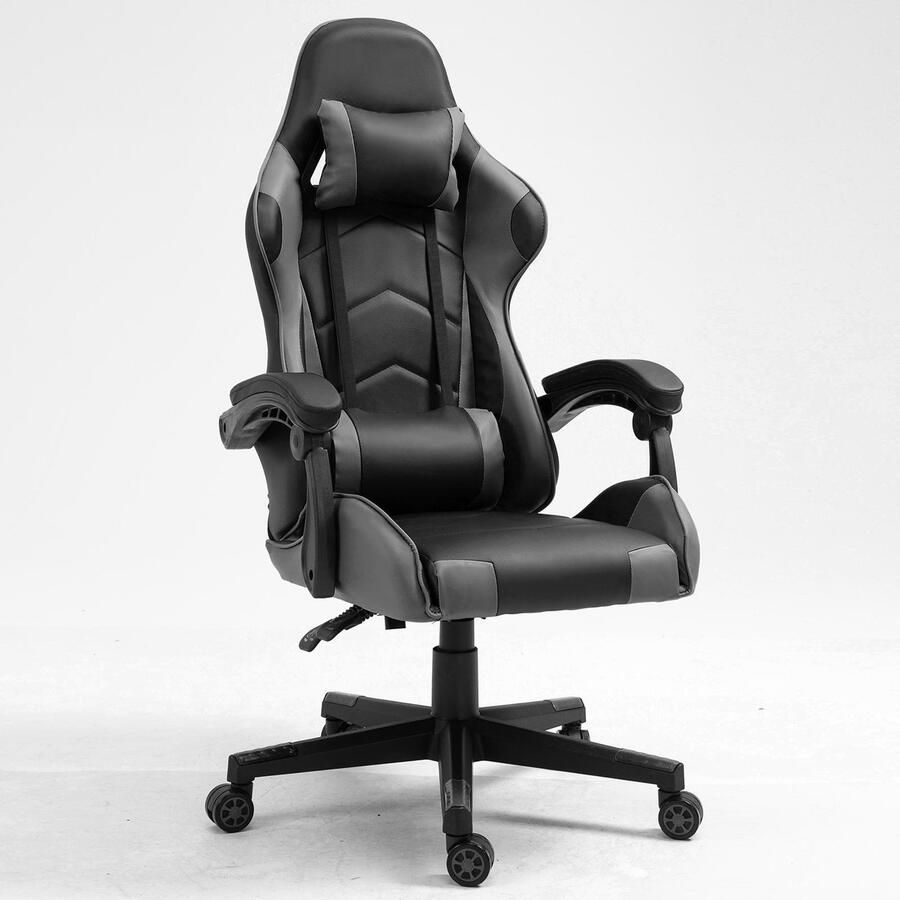Alora Gaming stoel X-TREME Grijs Zwart Met Nekkussen & Verstelbaar Rugkussen Kunstleer Gamstoel Game Stoel Gaming chair Bureaustoel