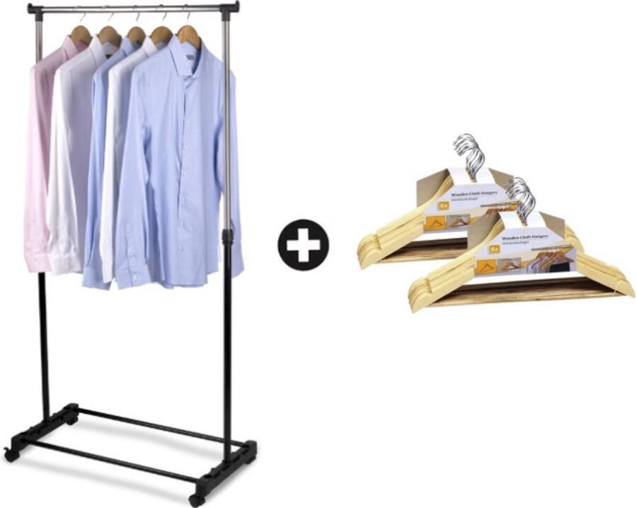 Alpina Kledingrek met Wieltjes – Hoogte Verstelbaar 93-158 cm – Mobiele Kledingstang Zwart + 16 stuks Houten Kledinghangers – Kleerhangers met Inkeping Broeklat & 360° Draaibare Haak – Complete Set