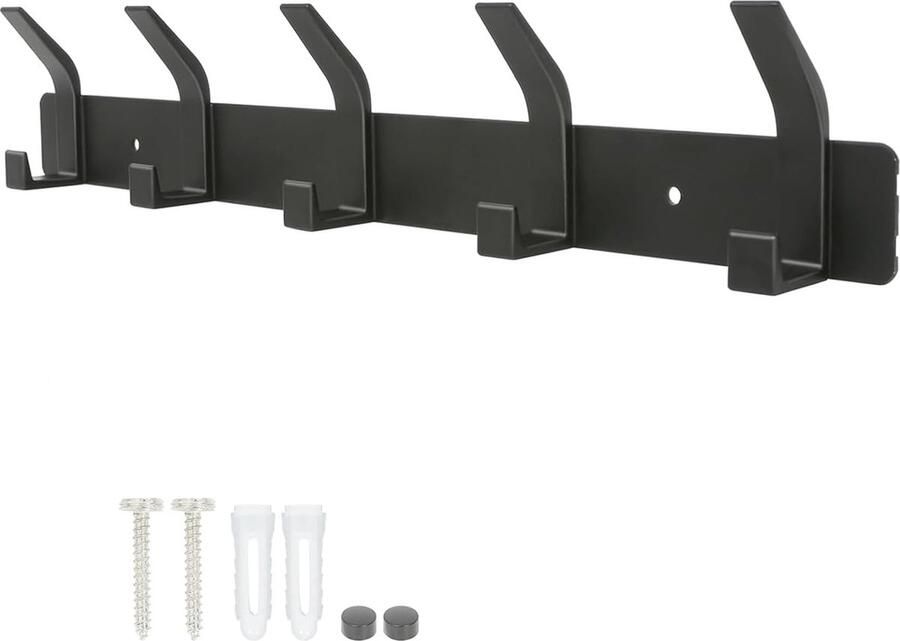 Aluminium Garderobehaken voor Wandbevestiging 5 Haken Zonder Boren Geschikt voor Hal Slaapkamer en Badkamer (Zwart)