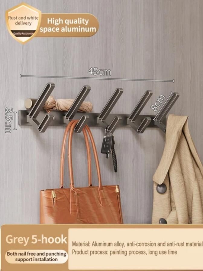 Aluminium kapstok 5 haken 45 x3.5 cm badkamer haken wandkapstok babykamer assecoires hangende design muur kapstok handdoekrek