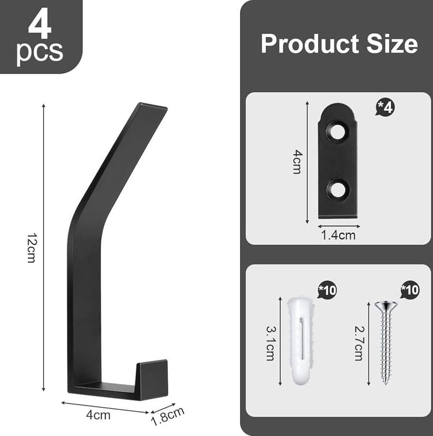 Aluminium kapstokhaken set van 4 muur gemonteerd