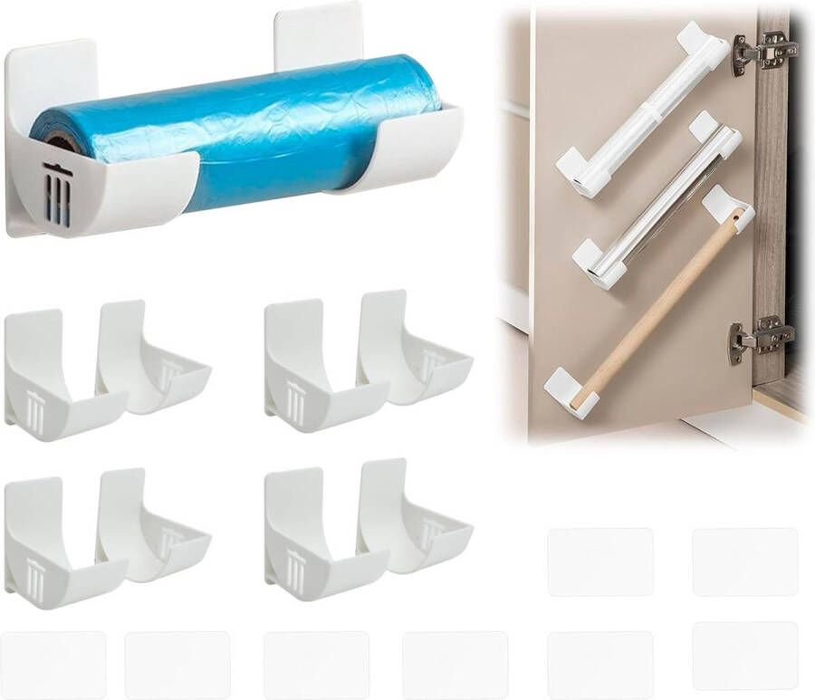 Aluminiumfolie houder kastdeuren opbergen wandrek zelfklevende organizer rekken met 4 paar voor kastdeur eetkamer muur ophangen tinfolie waspapier wit