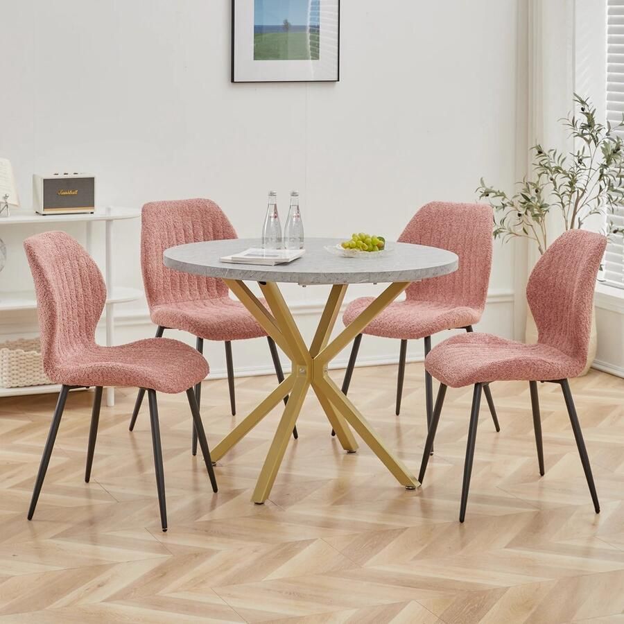 Amalee Eettafel 100 cm Marmerlook tafelblad Gouden poten Ronde salontafel Kleine salontafel Past in elk interieur MDF