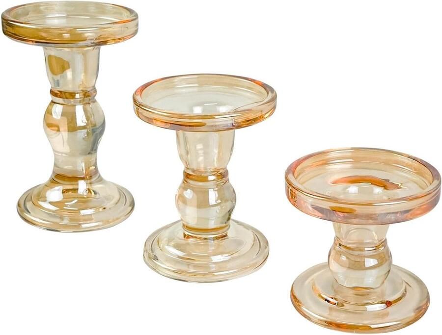Amber Glazen Kandelaar Set Decoratieve Kaars Stand voor Bruiloft en Kerst 3 Stuks Geschikt voor Verschillende Kaarsdiktes Stijlvolle Eettafel Decoratie