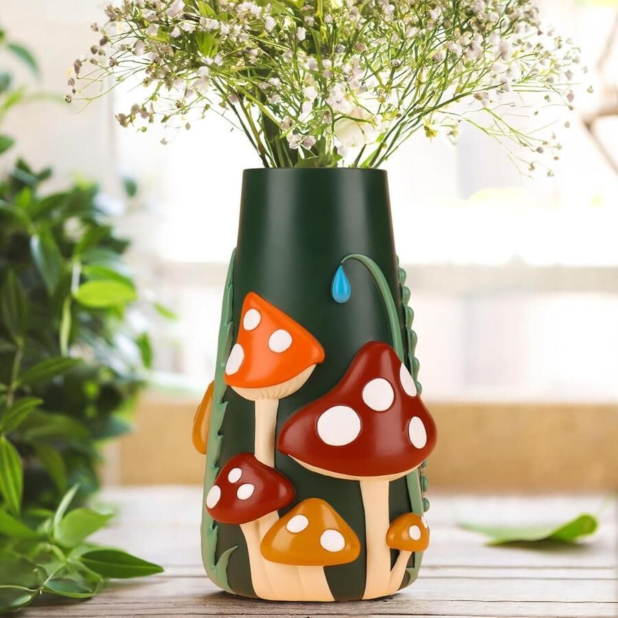 AmiCera vaas voor woonkamerdecoratie kleurrijke paddenstoelvazen ​​20 cm regenboogkleurige paddenstoeldecoratie esthetische bloemenvaas voor bloemen decoratieve bloemenvazen ​​voor op de eettafel unieke tuincadeaus groen