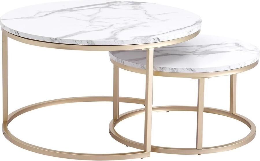Luxe Salontafel Set van 2 Bijzettafel Set Rond Marmer Look Goud Wit